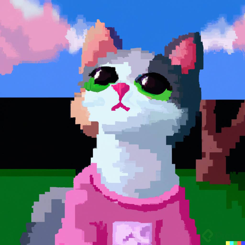 DALL·E 2023-03-19 22.06.21 - Photo of a cat wearing a pink tshirt, sitting in a park whatching the wide sky, pixel art.png
