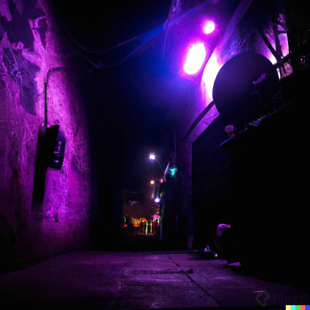 DALL·E 2023-03-19 23.49.43 - urban street photography, an open view to an extremely narrow alley in Mexico with a tinny discjockey in the background, the moon light cover the stre.png