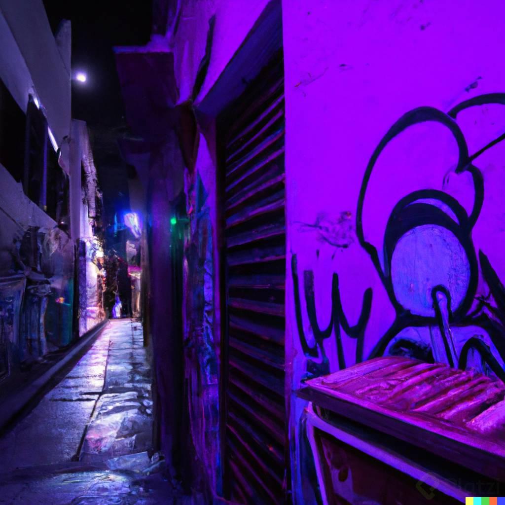 DALLÂ·E 2023-03-20 00.03.50 - street art, an open view to an extremely narrow alley in Mexico with a tinny discjockey in the background, the moon light cover the street, the walls .png