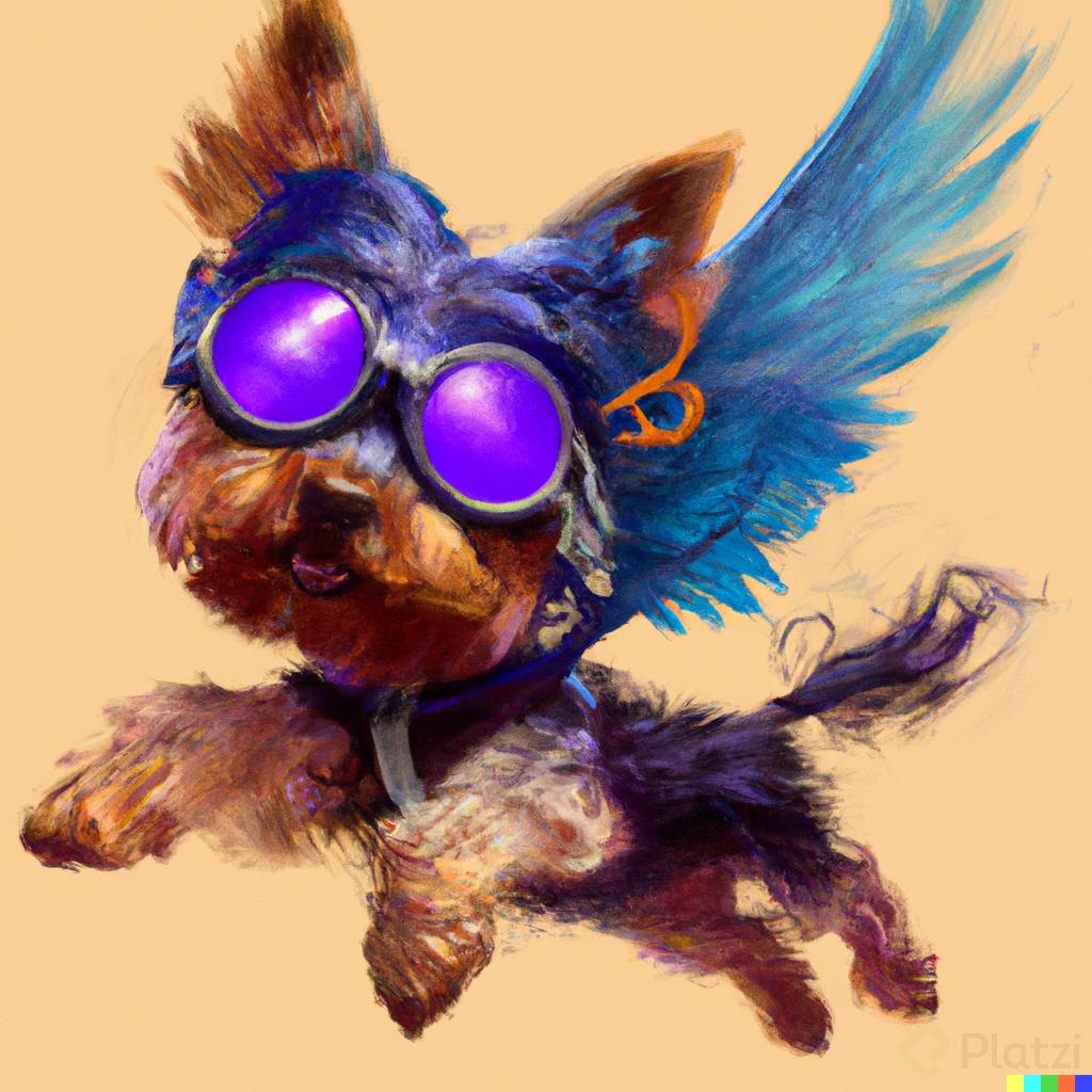 DALL·E 2023-03-20 22.20.20 - An anthropomorphic blue and purple winged Yorkshire terrier with flying glasses, digital art.png