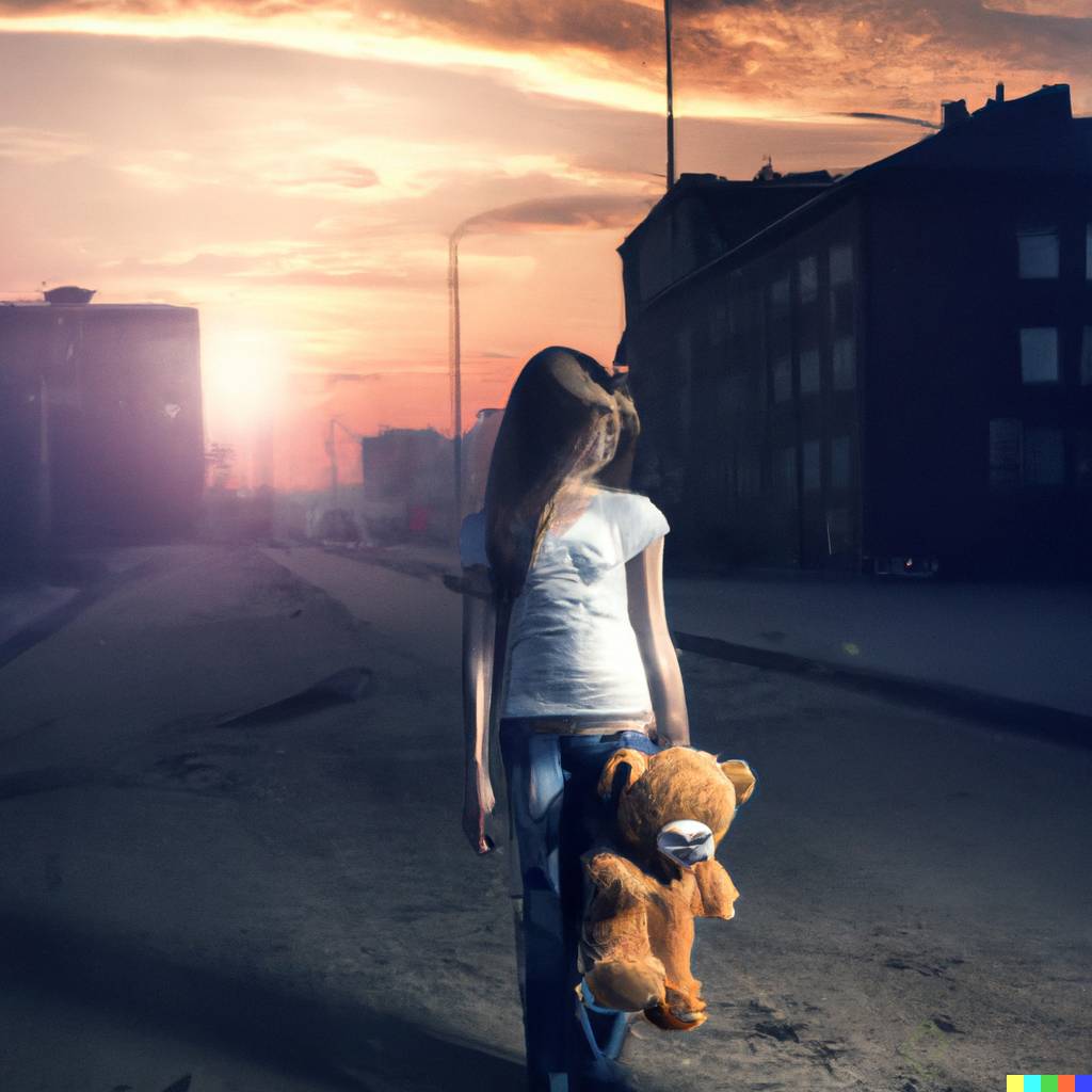 DALL路E 2023-03-26 12.08.00 - photo apocalyptic city, sunset sky, girl walking in the middle of the street holding a teddy bear, realistic image, volumetric lighting, long shot cam.png