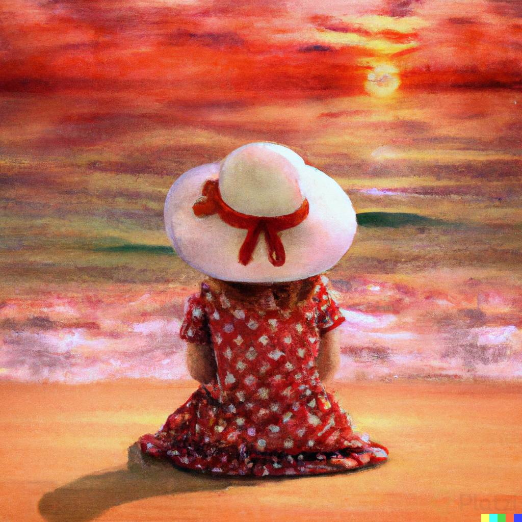 DALLÂ·E 2023-03-30 17.36.48 - Photo ittle girl  wearing a Hat, sitting on the Beach watching the Sunset, nice relaxing feeling, by Claude Monet.png