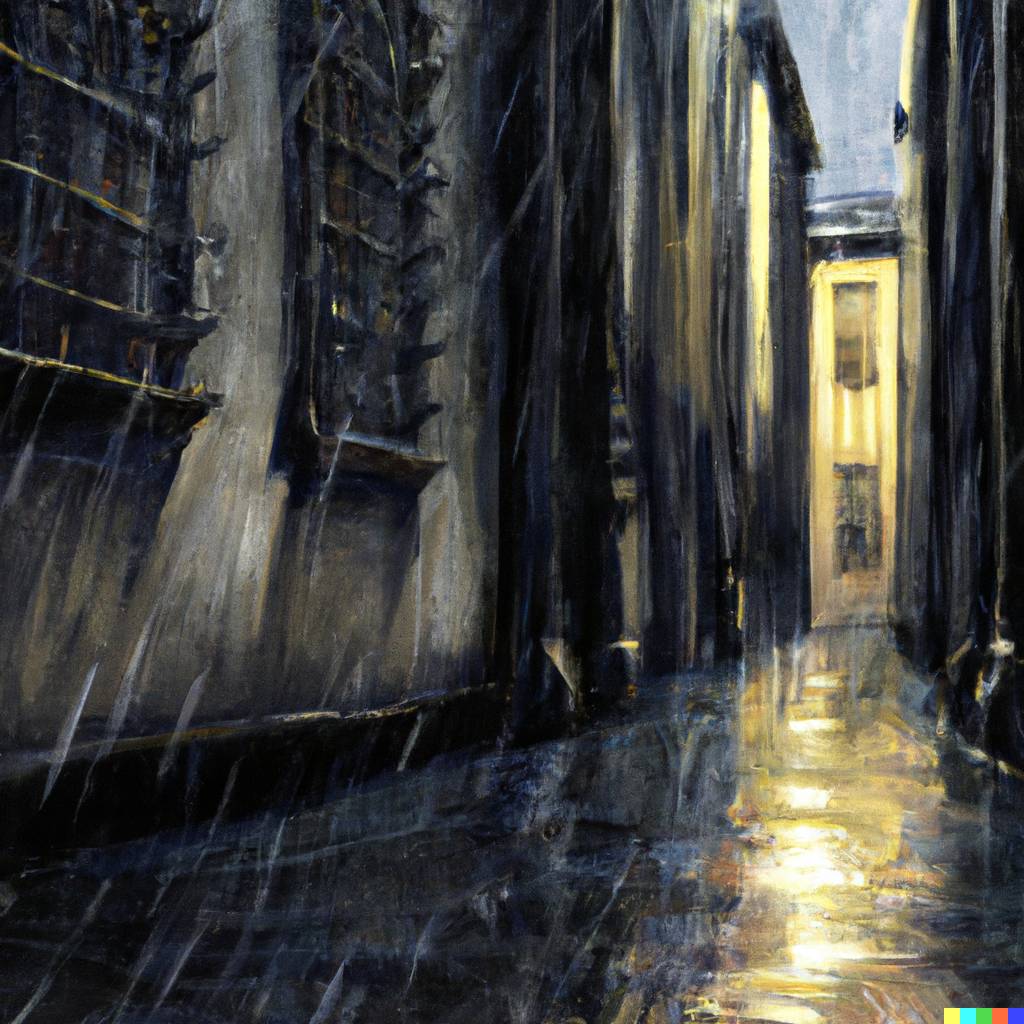 DALLÂ·E 2023-03-30 21.04.18 - A 10k scene of an alley at night that is dark and wide open, that is a dramatic scene in the rain Extremely transparent, renaissance painting style.png