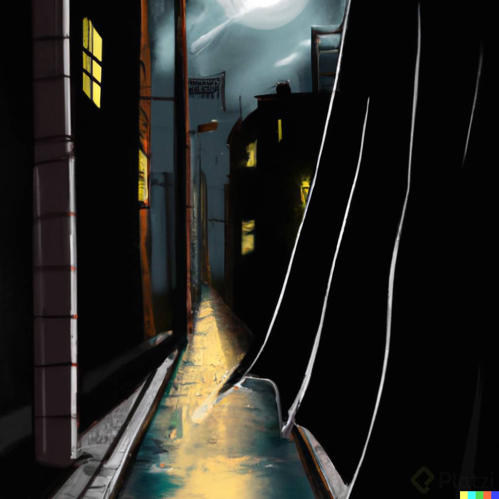 DALLÂ·E 2023-04-05 18.53.10 -  a poster of an alley, during a night storm and wet street, dramatic scene, batman comic book style.png