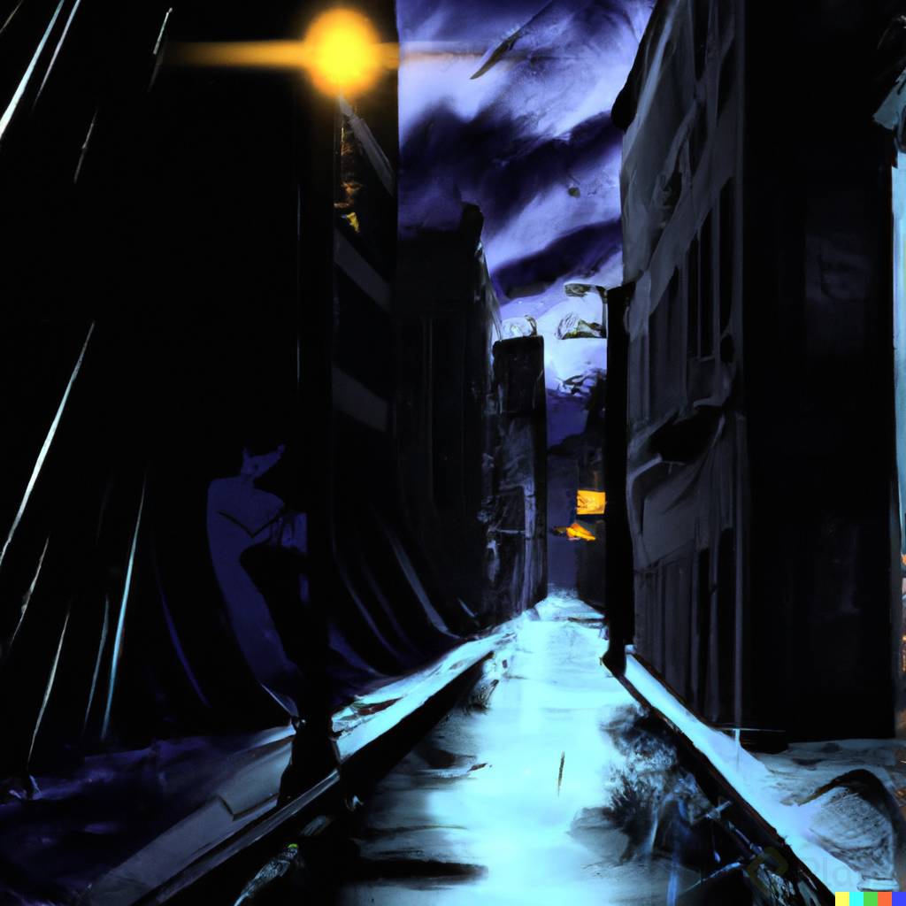 DALLÂ·E 2023-04-05 18.53.55 -  a poster of an alley, during a night storm and wet street, dramatic scene, batman comic book style.png