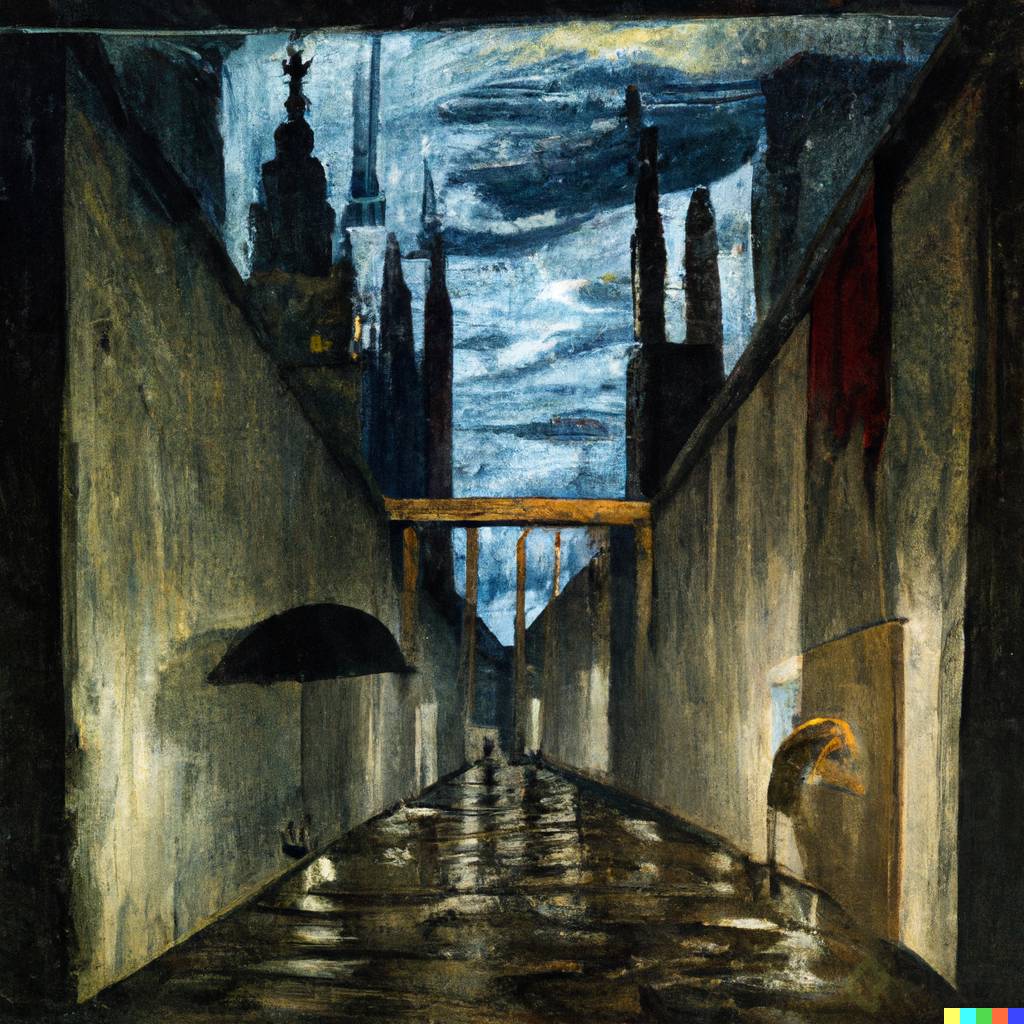 DALLÂ·E 2023-04-21 15.53.26 - painting of an alley at night from a wide angle, a dramatic scene in rain  by Salvador Dali.png