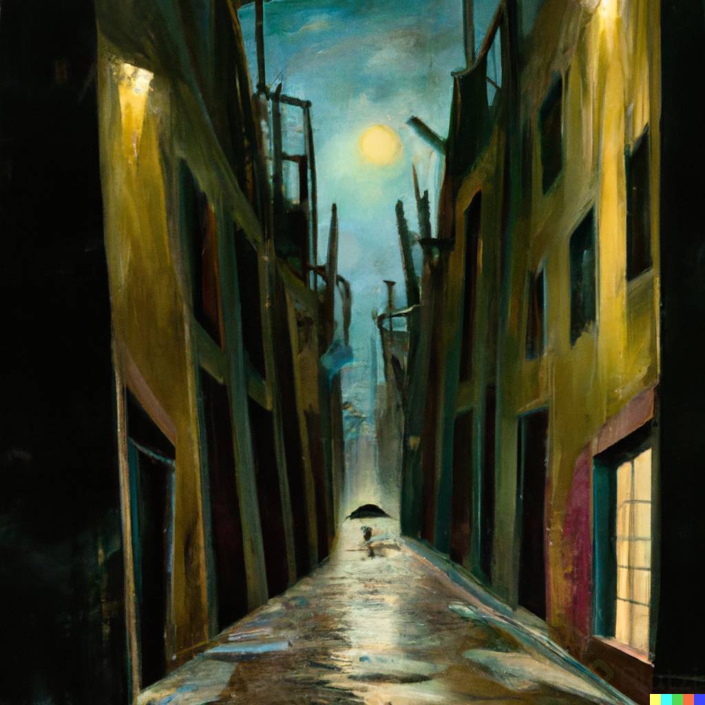 DALLÂ·E 2023-04-21 15.53.44 - painting of an alley at night from a wide angle, a dramatic scene in rain  by Salvador Dali.png