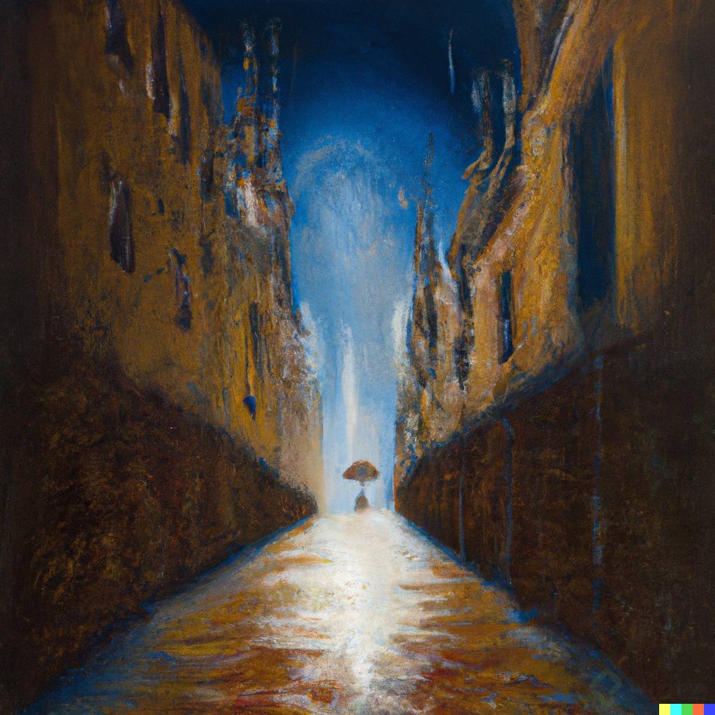 DALLÂ·E 2023-04-21 15.54.01 - painting of an alley at night from a wide angle, a dramatic scene in rain  by Salvador Dali.png