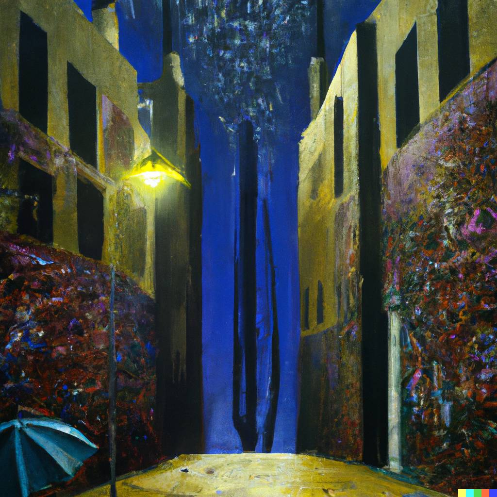 DALLÂ·E 2023-04-21 15.54.19 - painting of an alley at night from a wide angle, a dramatic scene in rain  by Salvador Dali.png