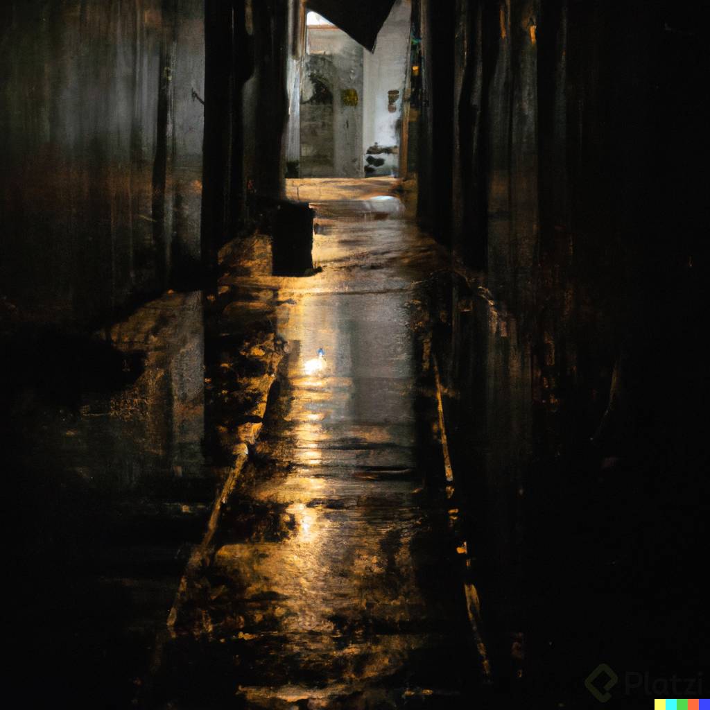 DALLÂ·E 2023-04-26 21.31.54 - A dark alley in the middle of the night that is obscure but has a wide opening while it rains.png