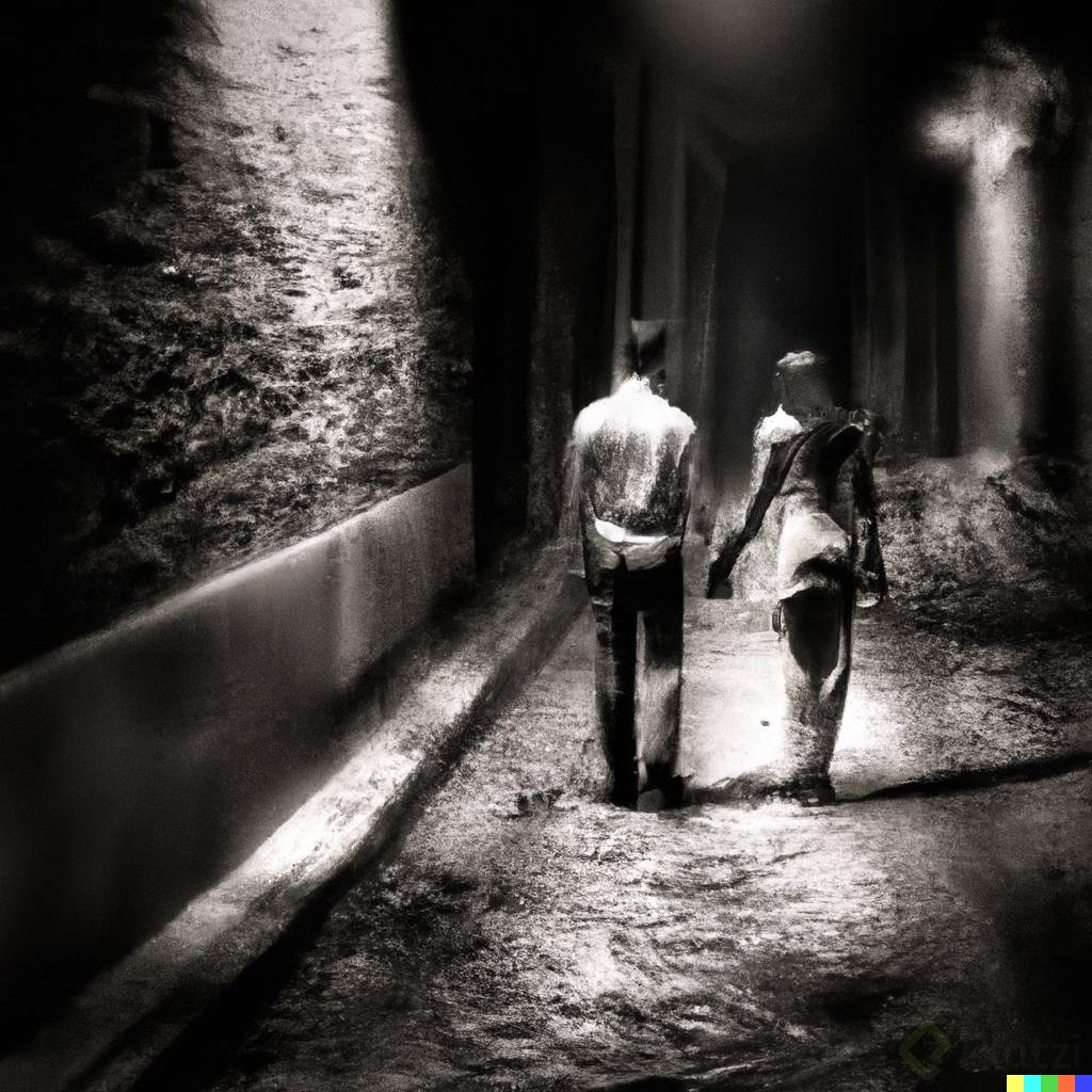 DALLÂ·E 2023-06-13 11.45.43 -  Black and white photo  whit ilumanation gloomy of an alley with a young couple man and woman holding hands. with a nostalgic george hurrell style tak.png