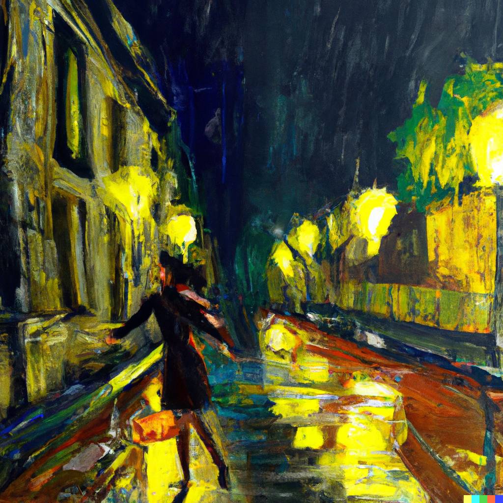 DALLÂ·E 2023-08-10 09.35.42 - Painting, a nervous woman running in an alley at night and in the rain, the woman must wear a rain coat, the alley must be in dark tones, closed shot,.png