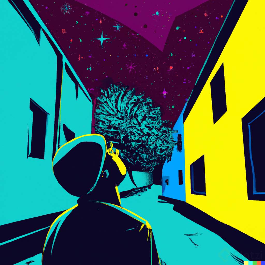 DALLÂ·E 2023-09-17 22.29.32 - vector art of a man admiring the night sky in the middle of an alley.png