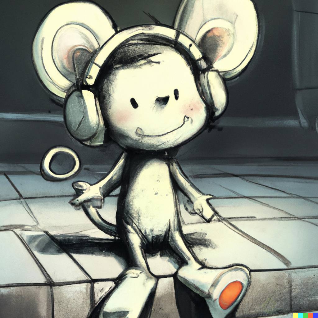 DALLÂ·E 2023-09-20 17.37.55 - a cute mouse wearing a headphone, sitting on the street, nice and good vibes,  by Tim Burton.png