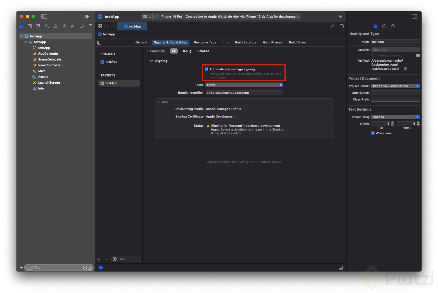 Habilitar opción de Automatically manage signing