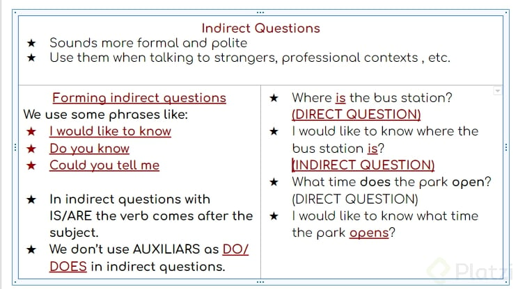 Indirect Questions with -wh pronouns - Platzi