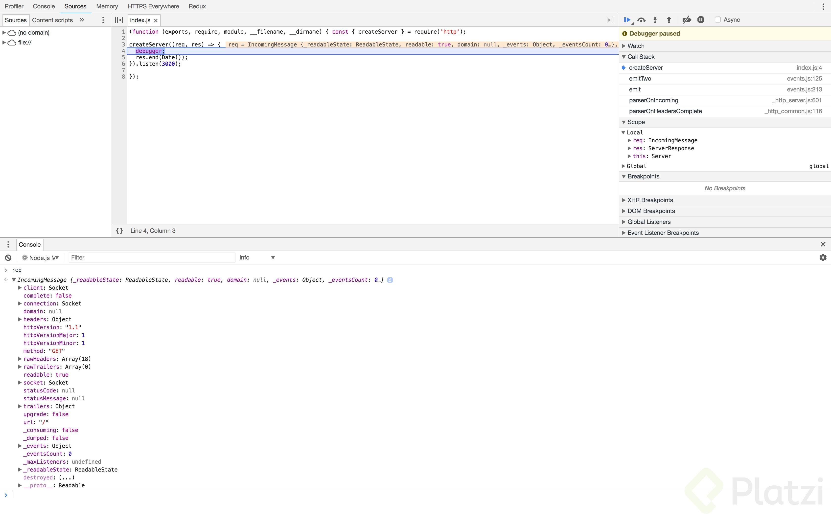 Chrome Developer Tools inspeccionando un proceso de Node.js