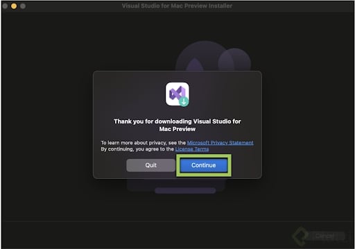 Vista de agradecimiento por descargar Visual Studio
