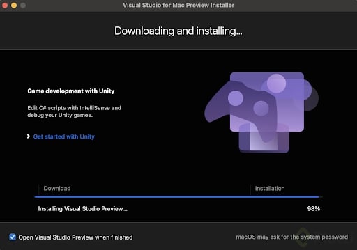 Visual Studio descargando e instalándose