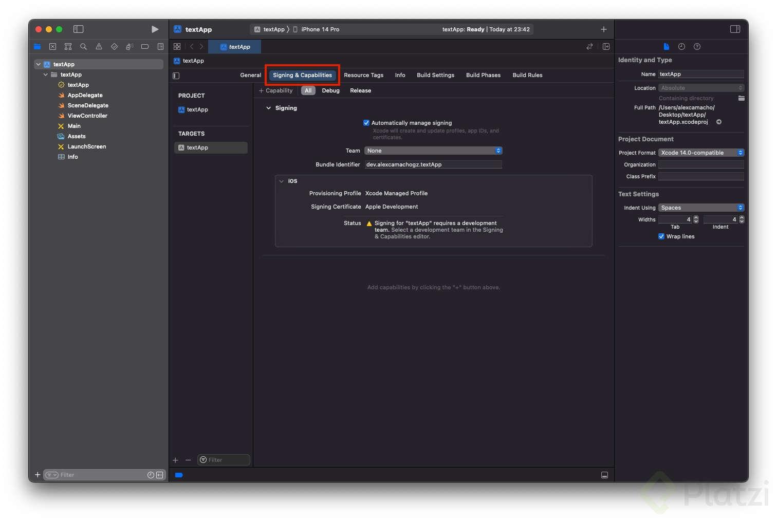 Xcode firmar aplicación creada
