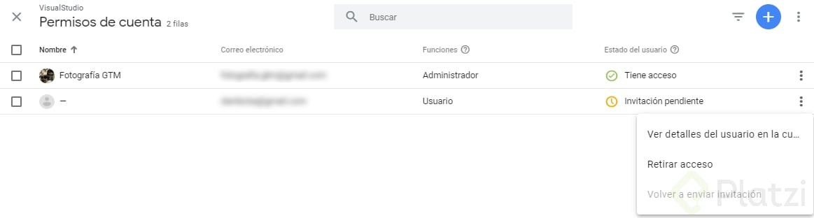 Listado de permisos de cuenta