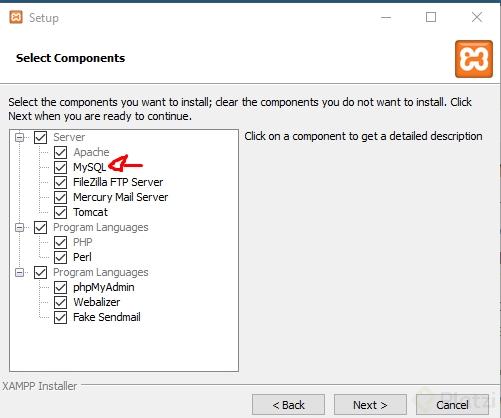 Instalación de XAMPP revisando que este seleccionado MySQL
