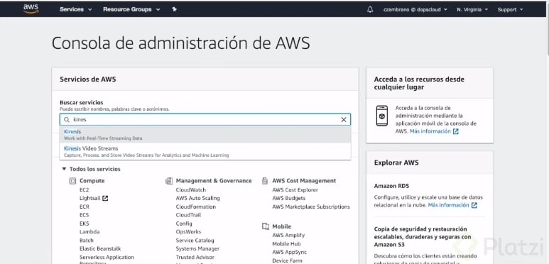Buscando Kinesis en la consola de AWS