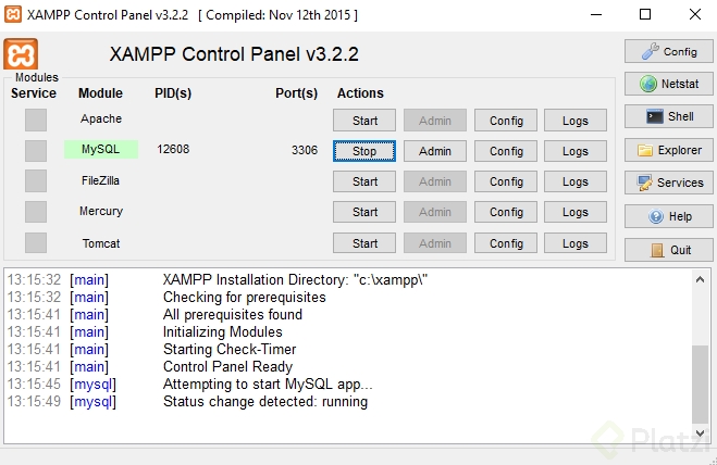 Panel de control de XAMPP con MySQL funcionando