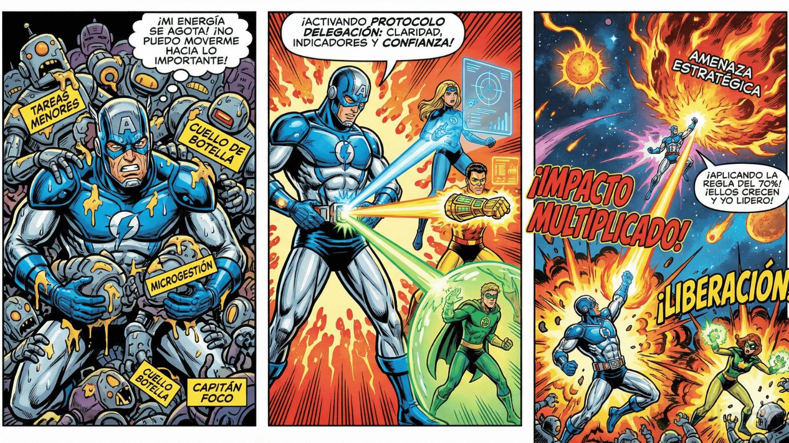 Página de cómic de estilo retro en tres paneles vibrantes. El primer panel (izquierda) muestra al superhéroe "Capitán Foco" atrapado y sudoroso bajo una pila de robots pegajosos etiquetados como "Tareas Menores", "Microgestión" y "Cuello de Botella", lamentando que su energía se agota. El segundo panel (centro) muestra al Capitán activando su cinturón para disparar rayos de energía a tres jóvenes compañeros héroes, otorgándoles un objetivo holográfico, un guantelete de poder y un escudo de energía, bajo el texto "Activando Protocolo Delegación: Claridad, Indicadores y Confianza". El tercer panel (derecha) es una escena de acción explosiva donde los compañeros vencen a los robots fácilmente, mientras el Capitán Foco vuela libre hacia una gigantesca "Amenaza Estratégica" en el espacio, gritando sobre la regla del 70%, rodeado de enormes textos que dicen "¡IMPACTO MULTIPLICADO!" y "¡LIBERACIÓN!".