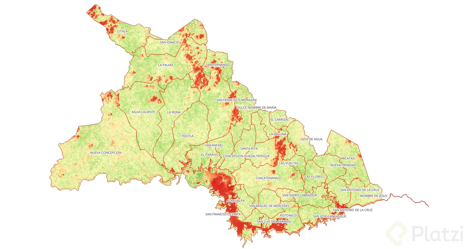 Valores de NDVI de los municipios del departamento de Chalatenango, El Salvador. Valor mínimo: 0.270. Valor máximo: 0.392