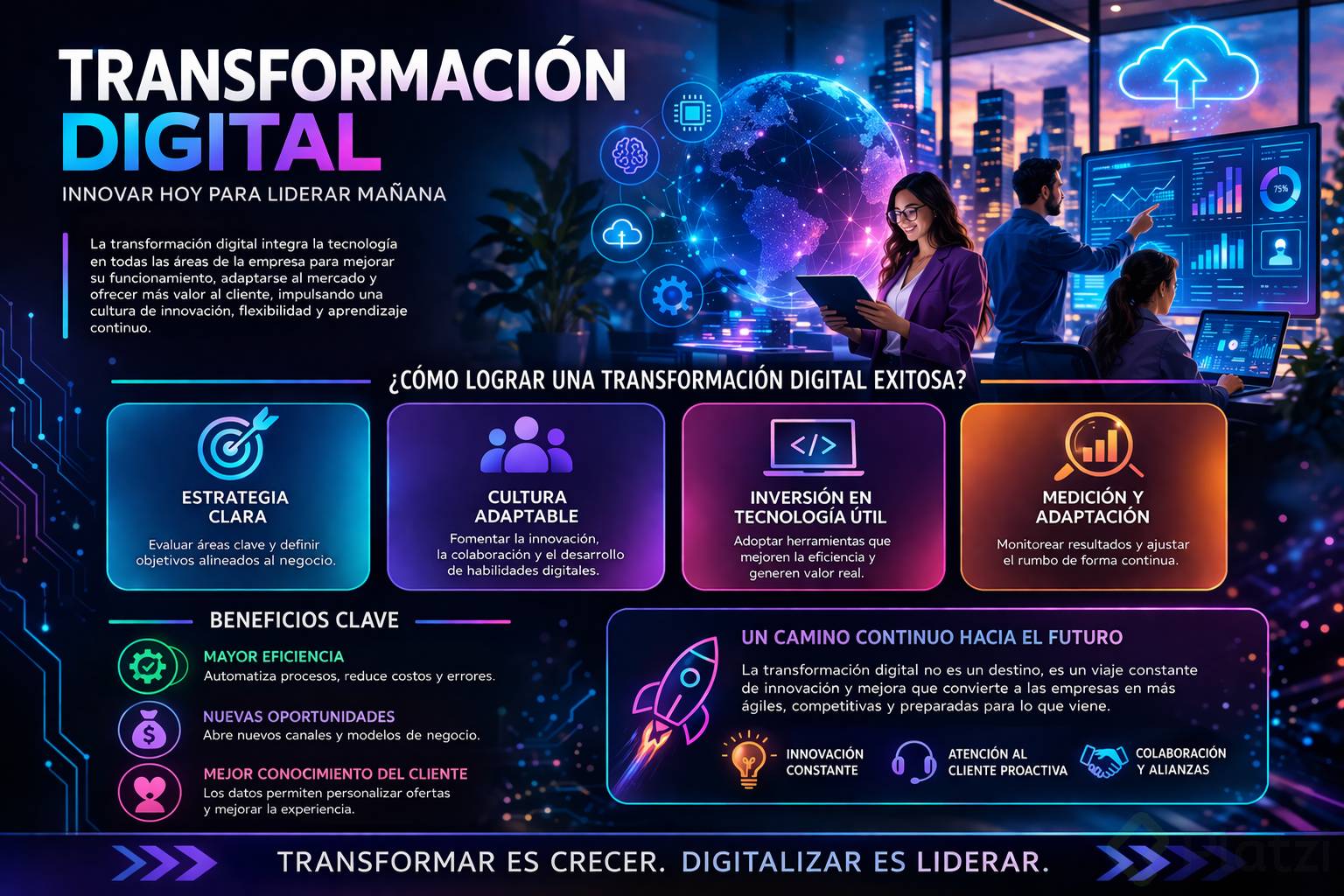 Infografía futurista sobre transformación digital en una empresa, con profesionales analizando datos, iconos tecnológicos, un globo digital y bloques que destacan estrategia, cultura adaptable, inversión en tecnología, medición, beneficios e innovación continua.