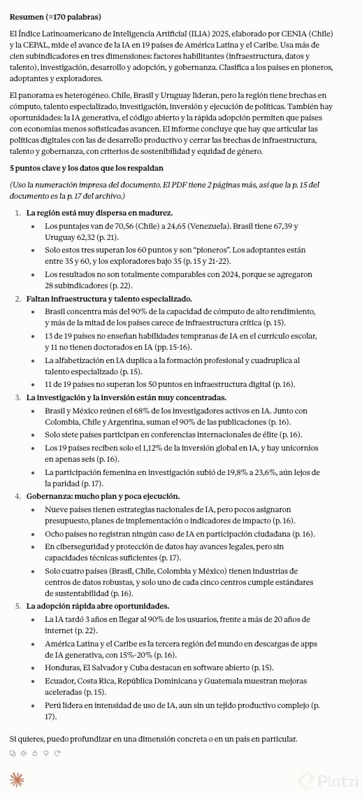 Claude gratis: resumen del ILIA 2025 Resumen del ILIA 2025 hecho por Claude versión gratuita, con más de 20 datos y la página de cada uno