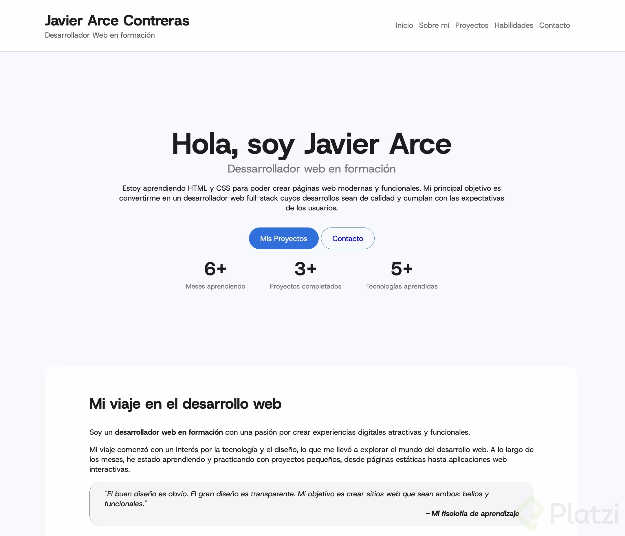 portfolio screenshot of javier arce solution for CSS first project. shows the header, hero and portion of about me sections.