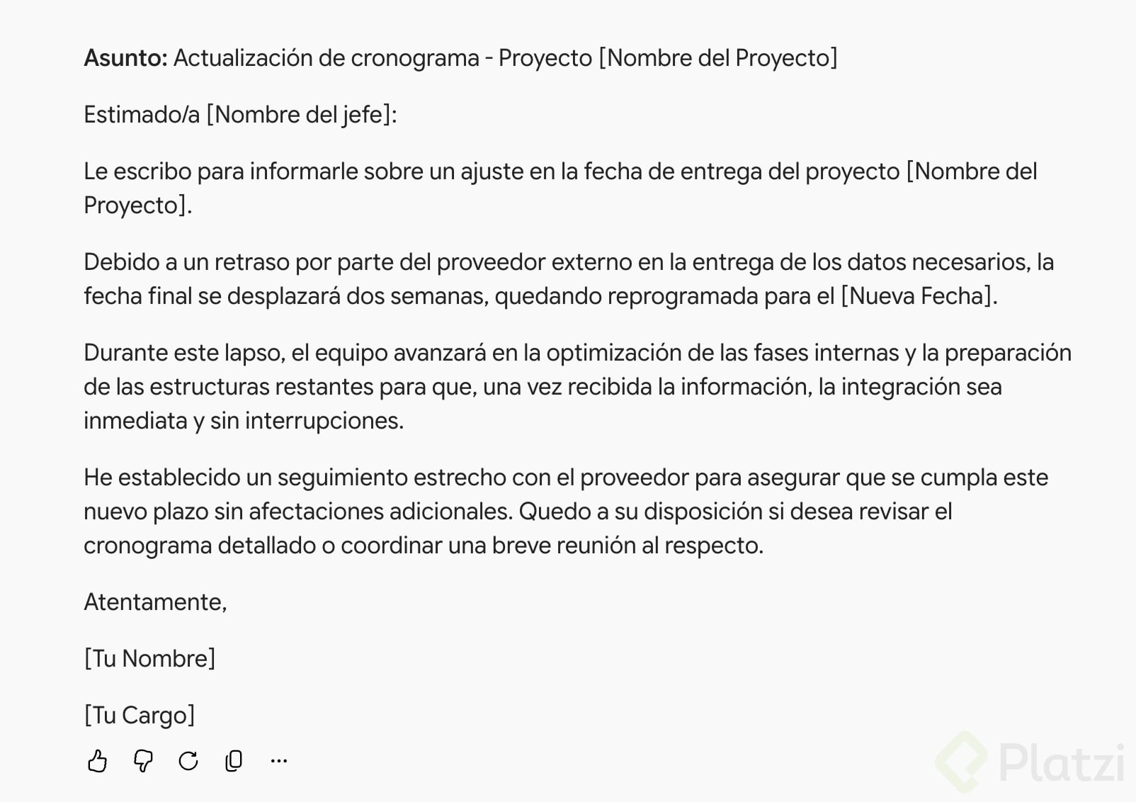 Gemini gratis: correo de retraso Correo de Gemini versión gratuita sobre el retraso del proyecto, en trato de usted