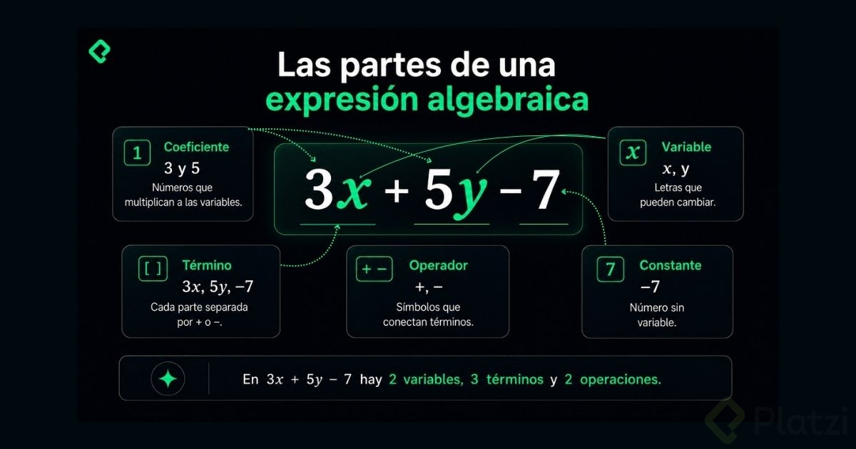 Partes de una expresión algebraica: variable, coeficiente, término, operador y constante.jpg