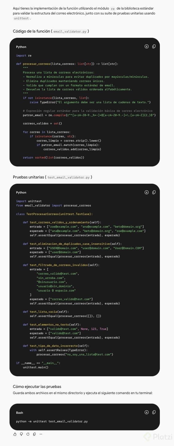Gemini gratis: función para validar correos Código en Python de Gemini versión gratuita para procesar correos, con sus pruebas unitarias