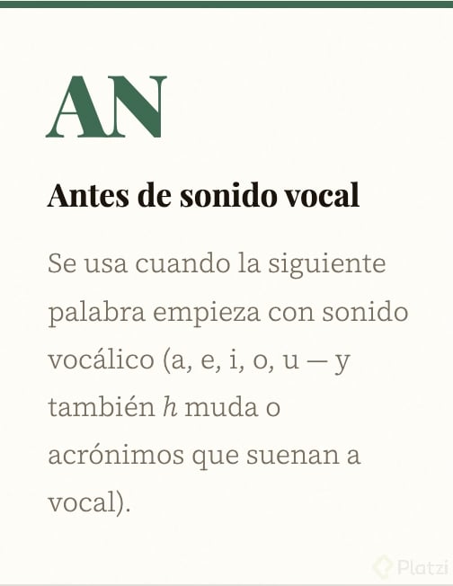 AN se usa antes de sonido vocálico