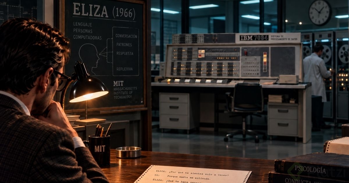 Recreación de un investigador del MIT en 1966 frente a una computadora IBM 7094, conversando por escrito con ELIZA, el primer chatbot de la historia, con libros de psicología sobre el escritorio
