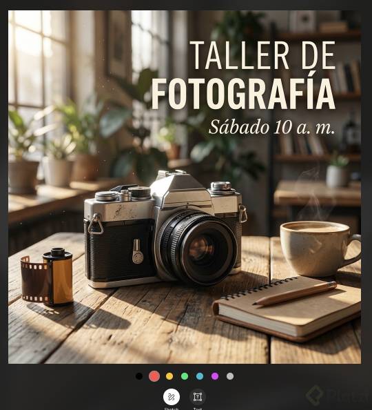 Imagen creada por Gemini versión gratuita: cámara antigua, rollo de película y café, con el texto del taller de fotografía