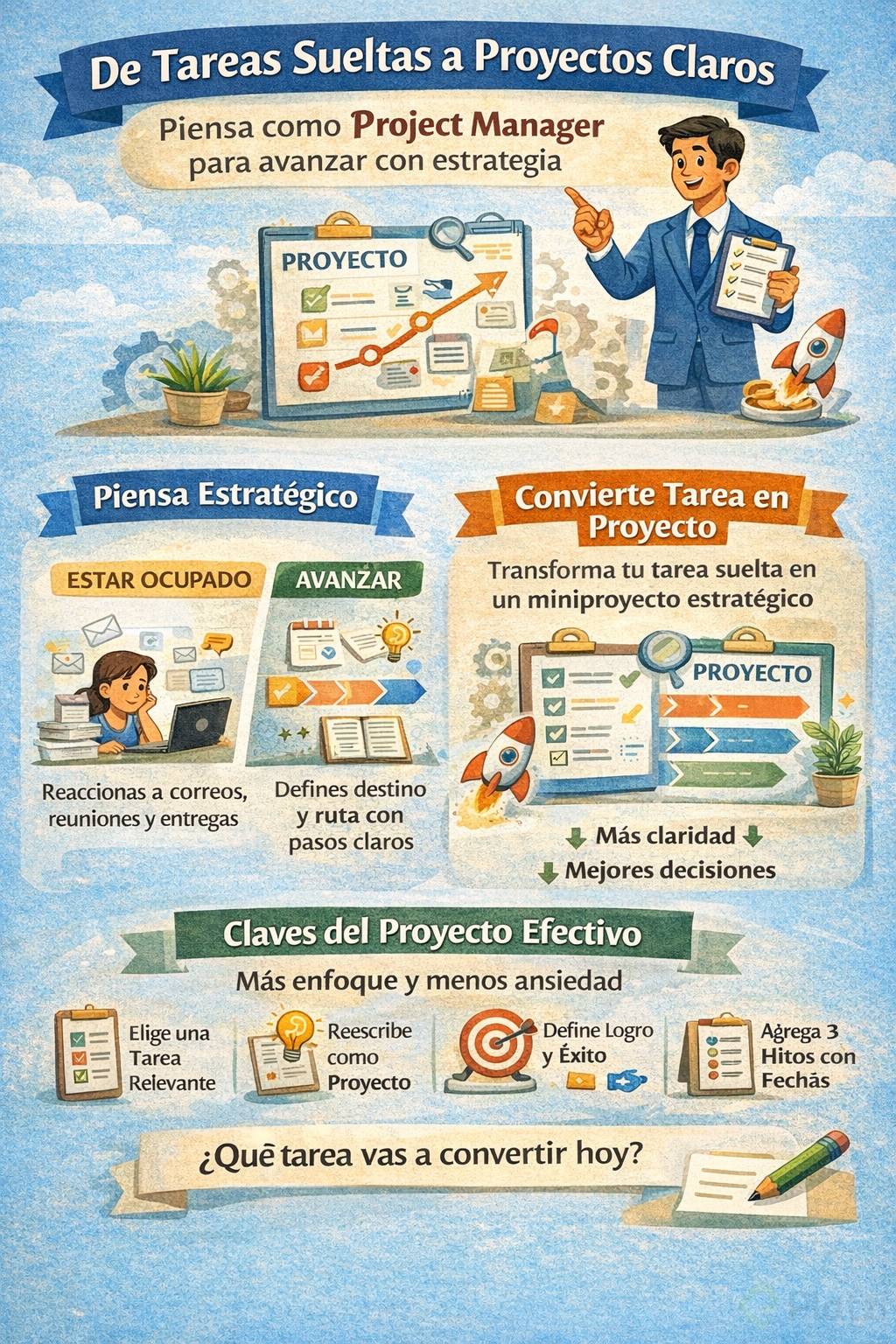 Infografía didáctica sobre cómo pasar de tareas sueltas a proyectos claros pensando como project manager: diferencia entre estar ocupado y avanzar, y pasos para convertir una tarea en un miniproyecto con objetivos, criterios de éxito e hitos.