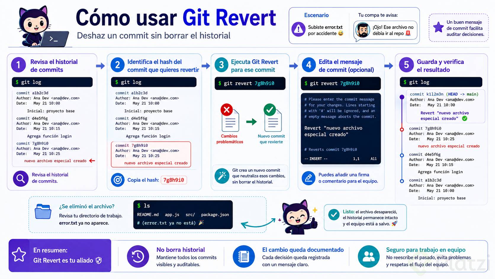Infografía horizontal que explica cómo deshacer un commit con Git Revert. Presenta cinco pasos: consultar el historial con git log, identificar el hash, ejecutar git revert, editar el mensaje del nuevo commit y verificar el resultado. Incluye un ejemplo con error.txt y destaca que el historial permanece intacto, el cambio queda documentado y el proceso es seguro para trabajar en equipo.