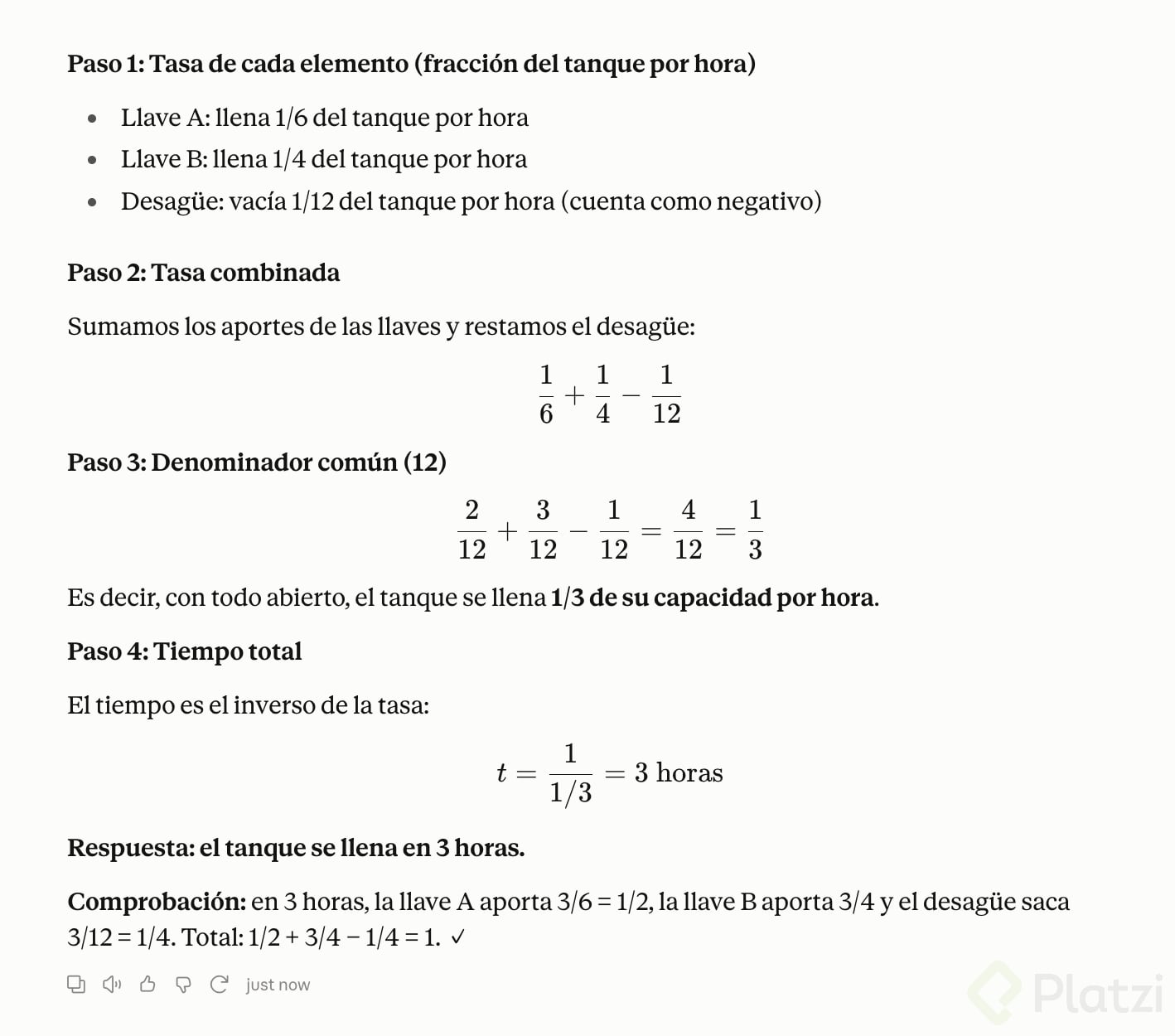 Solución de Claude versión gratuita al problema del tanque: 3 horas, con comprobación
