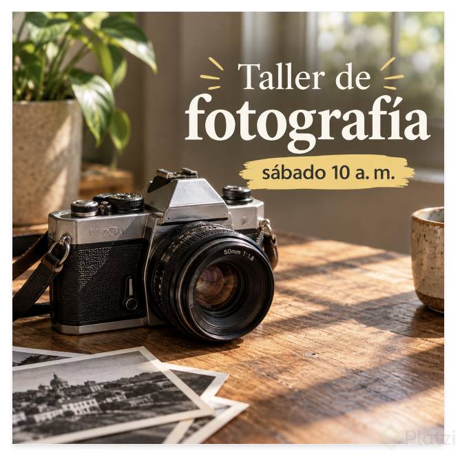 Imagen creada por ChatGPT versión gratuita: cámara antigua sobre mesa de madera con el texto Taller de fotografía, sábado 10 a. m.