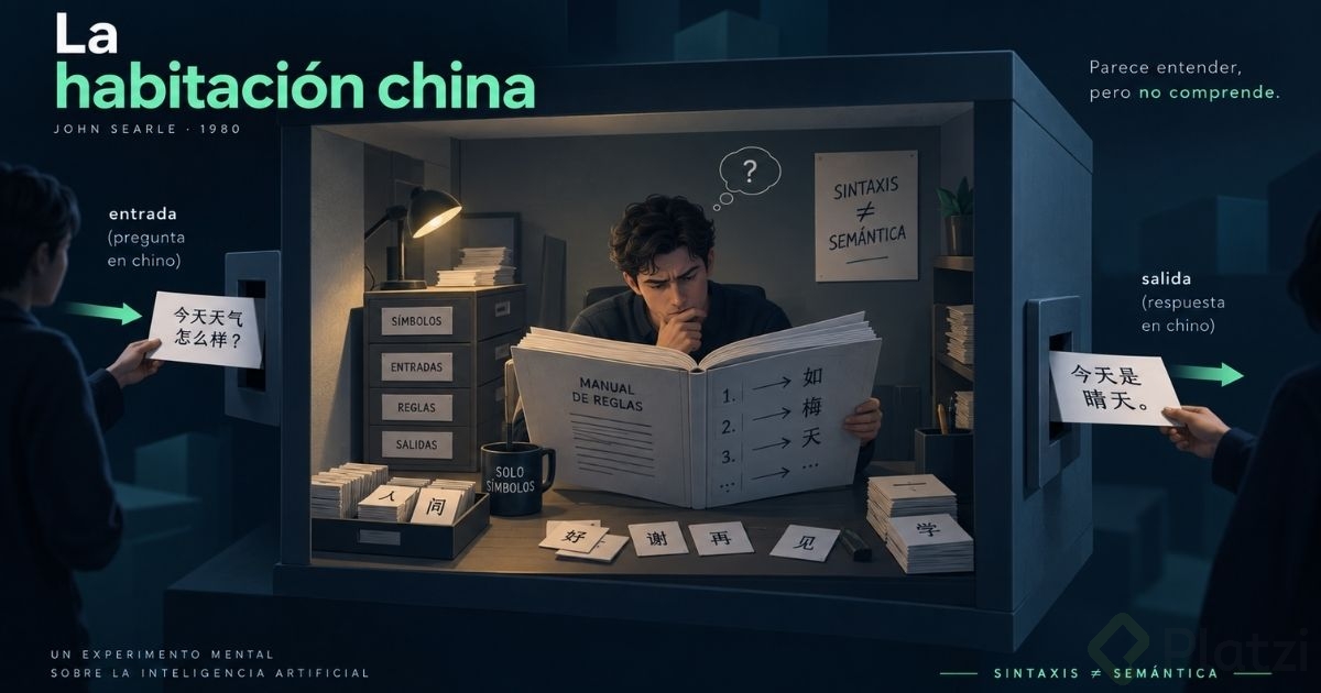 Ilustración del experimento mental de la habitación china de John Searle: una persona encerrada en un cuarto recibe preguntas en chino, las responde consultando un manual de reglas que solo asocia símbolos, y produce respuestas correctas sin entender el idioma, para mostrar que la sintaxis no es lo mismo que la semántica