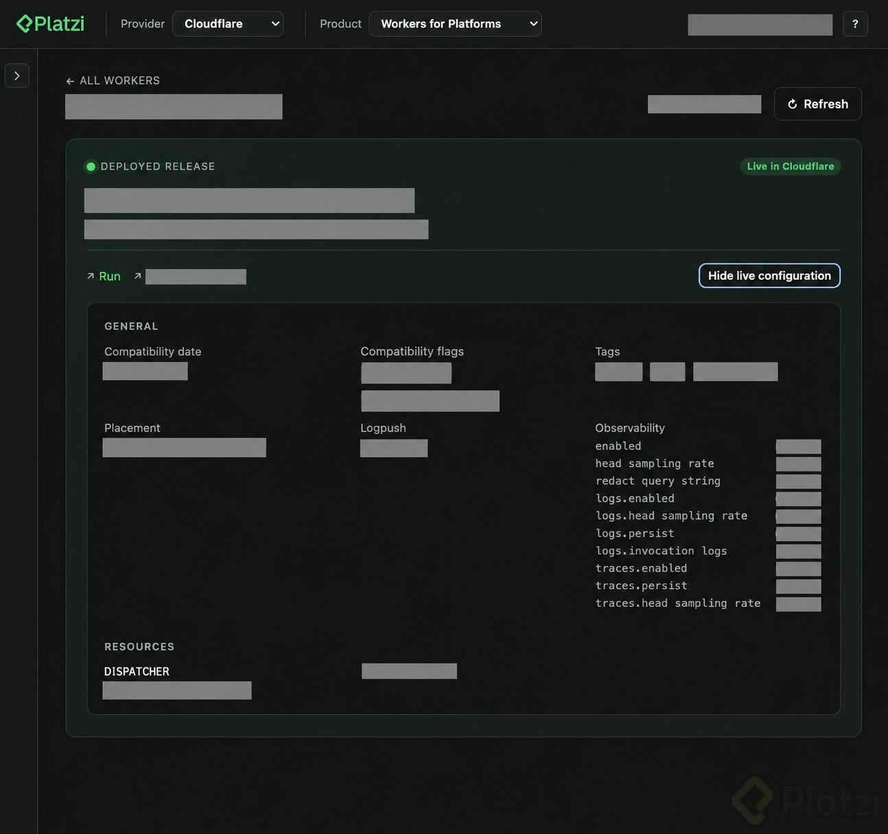 Vista de configuración desplegada en la herramienta interna de Platzi.