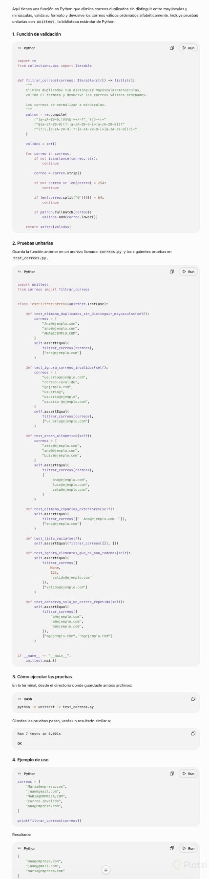 ChatGPT gratis: función para validar correos Código en Python de ChatGPT versión gratuita que filtra, valida y ordena correos, con pruebas unitarias