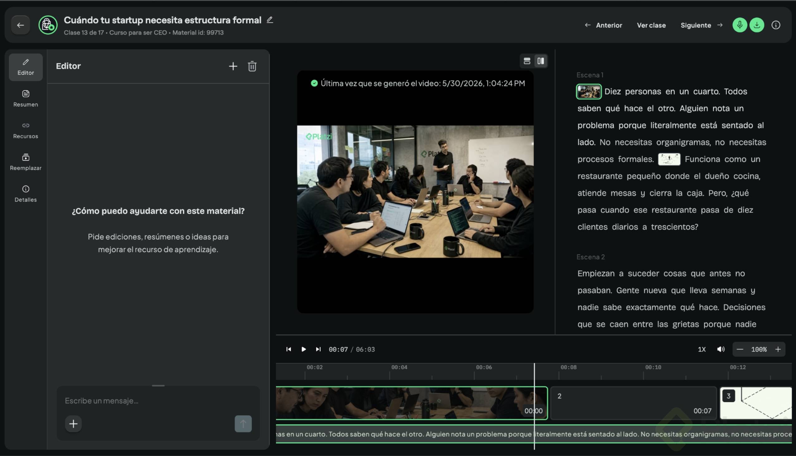 Cómo se ve el editor de Platzi Learn Editor de una clase de Platzi learn con timestamps