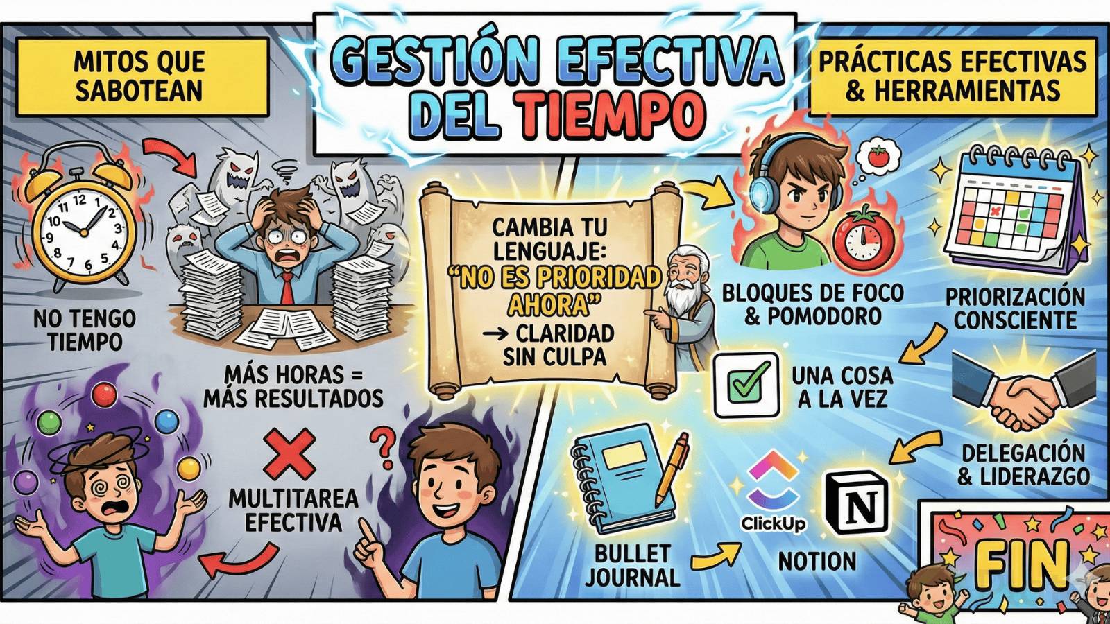 Una infografía resumen vibrante estilo cómic que contrasta dos realidades de la productividad. Encabezada por el título central 'GESTIÓN EFECTIVA DEL TIEMPO', la imagen se divide en dos secciones. A la izquierda, bajo un fondo gris y caótico titulado 'MITOS QUE SABOTEAN', se muestran las trampas comunes: un reloj en llamas ('No tengo tiempo'), un oficinista aterrorizado rodeado de fantasmas de papel ('Más horas = Más resultados') y un personaje mareado intentando hacer malabares ('Multitarea efectiva', marcada con una X roja). En el centro, sirviendo de puente, un anciano sabio sostiene un pergamino dorado con la lección clave: 'Cambia tu lenguaje: No es prioridad ahora -> Claridad sin culpa'. A la derecha, sobre un fondo azul luminoso titulado 'PRÁCTICAS EFECTIVAS & HERRAMIENTAS', vemos las soluciones: el personaje principal ahora está concentrado con auriculares y rodeado de fuego de determinación ('Bloques de foco & Pomodoro'), acompañado de iconos de un calendario organizado ('Priorización consciente'), un check de 'Una cosa a la vez', un apretón de manos ('Delegación'), un cuaderno ('Bullet Journal') y los logos de apps como ClickUp y Notion. La composición termina en la esquina inferior derecha con un cartel festivo de 'FIN' rodeado de confeti.