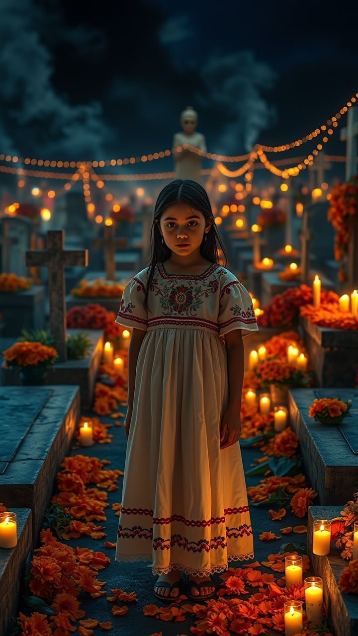 mujer joven enmedio de un panteón de Pátzcuaro, Michoacán, generado por IA