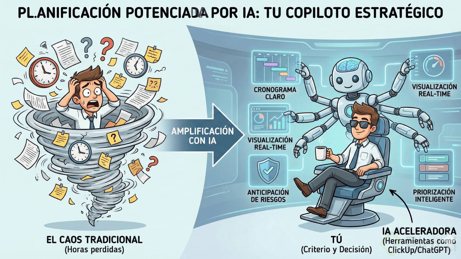 La imagen es una infografía comparativa dividida en dos paneles, titulada "PLANIFICACIÓN POTENCIADA POR IA: TU COPILOTO ESTRATÉGICO".  Panel izquierdo ("EL CAOS TRADICIONAL"): Muestra a un hombre de negocios con expresión de pánico, siendo succionado por un tornado de desorden. A su alrededor vuelan relojes rotos, papeles desordenados, notas adhesivas, signos de interrogación y calendarios, simbolizando la confusión y las "Horas perdidas" de la planificación manual.  Panel derecho ("TU COPILOTO ESTRATÉGICO"): Una gran flecha central con el texto "AMPLIFICACIÓN CON IA" señala hacia este panel. Aquí, el mismo hombre aparece relajado, con gafas de sol y una taza de café, sentado en una silla de mando futurista. Es etiquetado como "TÚ (Criterio y Decisión)". A su lado, un robot con múltiples brazos y un cerebro brillante, etiquetado como "IA ACELERADORA (Herramientas como ClickUp/ChatGPT)", organiza eficientemente la información en paneles holográficos claros: "CRONOGRAMA CLARO", "VISUALIZACIÓN REAL-TIME" (dos veces), "ANTICIPACIÓN DE RIESGOS" y "PRIORIZACIÓN INTELIGENTE".